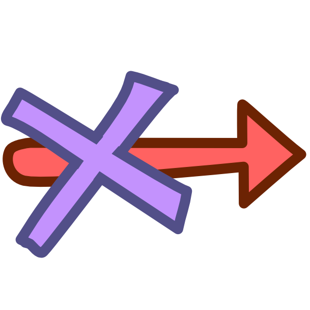 An image with dark line art shows a red arrow traveling left to right with a purple X over it.